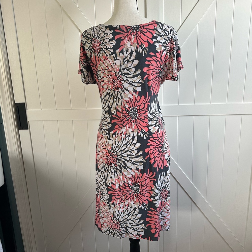 Robbie Bee Floral Side Tie Dress Coral White Gray Sheath Stretch PS Petite Small - Picture 3 of 7